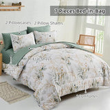 WONGS BEDDING Botanical Comforter Set Queen, 7 Pieces Green Reversible Bed in a Bag Floral Leaves Bedding Soft Microfiber Queen (1 Comforter,2 Pillowcase,2 Pillow Shams,1 Flat Sheet,1 Fitted Sheet) WONGS BEDDING