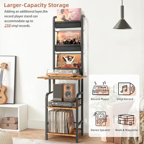 Record Player Stand with Vinyl Storage, Record Player Table with Vinyl Record Storage up to 250 Albums, Turntable Stand with Record Holder Display Shelf, Record Player Cabinet Organizer Rack Tewinko