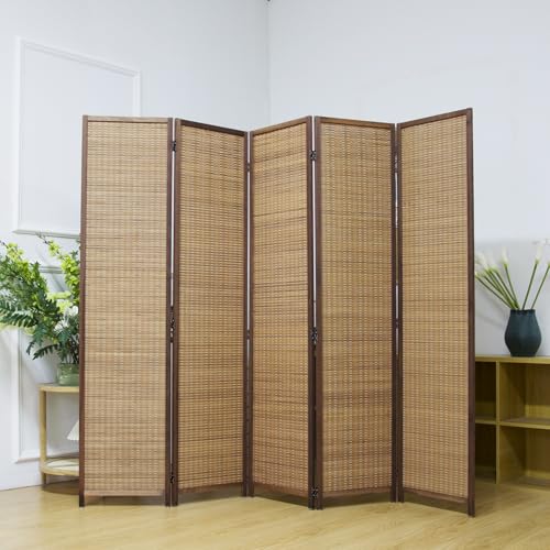 Pawlabay 5 Panel Bamboo Room Divider Screen,5.6 FT Tall Bamboo Divider Folding Privacy Screen,Freestanding Panel Divider for Room Seperation,Brown PawlaBay
