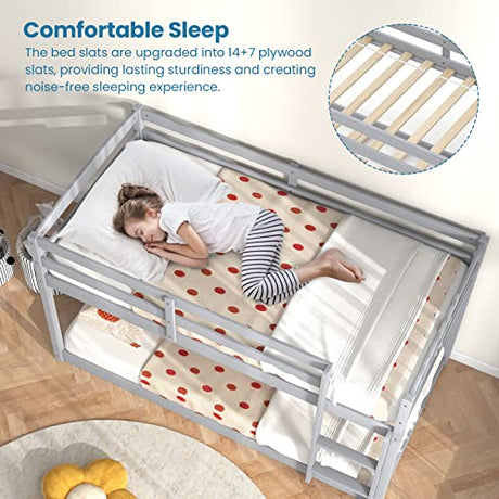 KOMFOTT Low Bunk Bed Twin Over Twin, Solid Wood Bunk Bed Frame with Built-in Ladder & Safety Guardrails, Space-Saving Low Bunk Bed for Kids, Teens, No Box Spring Needed KOMFOTT