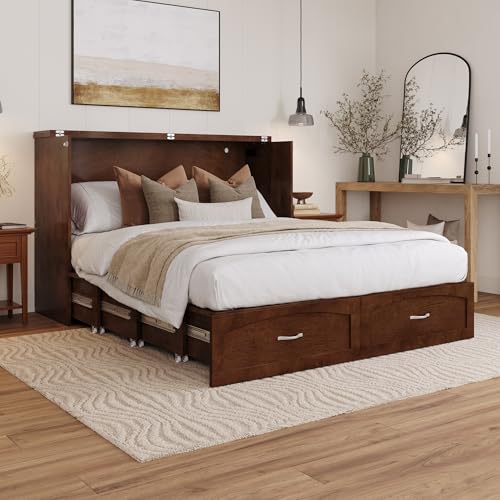 AFI, Marion Queen Wood Murphy Bed Chest with 6" Mattress, Storage Drawer, & Built-in Charger, Walnut AFI