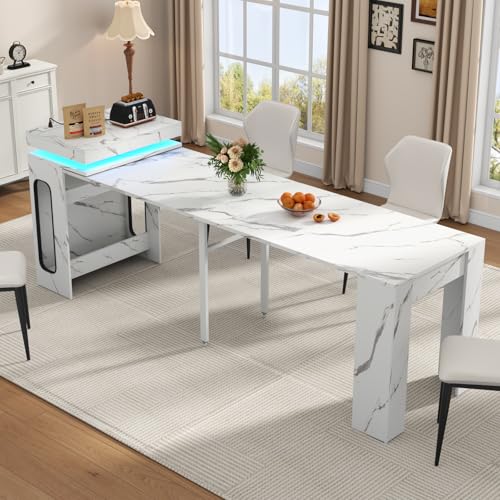 Extendable Dining Table with Charging Station & LED Lights, 19.7" to 98.4" White Faux Marble Dining Table, Rectangle Console Table for 2-8, Modern Space Saving Kitchen Island Table (No Chairs) Gyfimoie