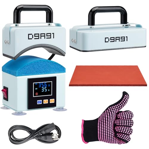 D9A91 2 in 1 Heat Press Machine, Hat Press Machine.for Caps, T-Shirt & More, Curved Heating Plate and Silicone Base,Heat Up Fast and Even,No Crease,LCD Digital Temperature &Timer Control-Light Blue D9A91