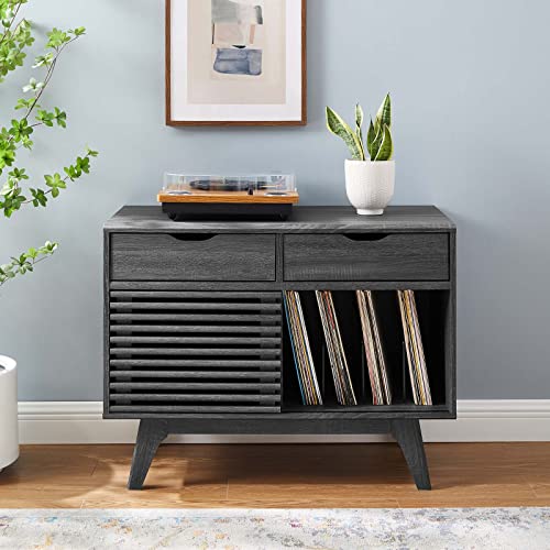 Modway Render Mid-Century Modern 37" Vinyl Record Display Stand with Drawers in Charcoal Modway