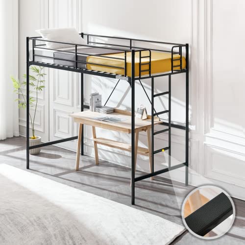 Bonnlo Metal Loft Bed with Stairs and Flat Rung, Junior Loft Bed Twin Size High Loft Bed for Kids/Teens/Adults, No Box Spring Required, Black Bonnlo