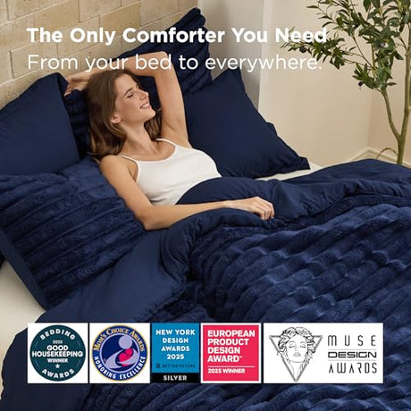 Bedsure Gentlesoft™ 2-in-1 King Size Comforter Set and Detachable Fluffy Blanket, Navy Blue Bedding Set for All Season Use, SnapTech™ Design for Space Saving (Includes 2 Pillow Shams, 2 Pillowcases) Bedsure