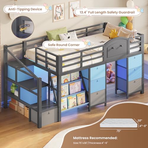 VIAGDO Low Loft Bed Twin Size with 9 Storage Drawers, Bookcase and LED Lights, Metal Kids Loft Bed with Wide Staircase, Open Shelves and Safety Guardrail, Twin Loft Bed with Under-Bed Playhouse, Grey VIAGDO