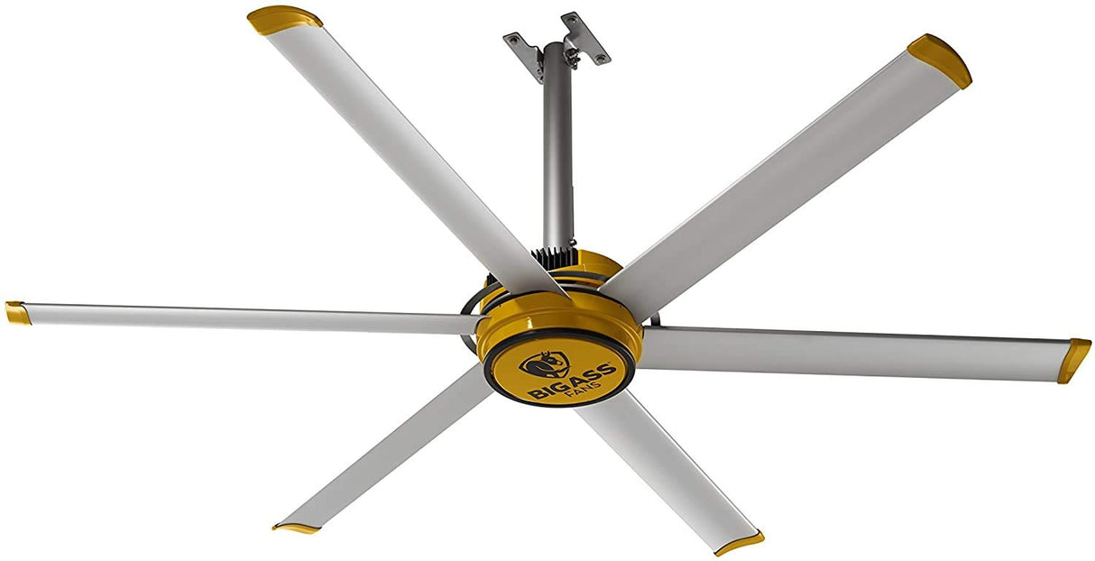 Big Ass Fans E-Series 7 ft Industrial 6 Blade Ceiling Fan Gearless Direct Drive Motor, High Volume Low Speed, Wired Wall Controller, 110-125V/1ph - Silver/Yellow Big Ass Fans