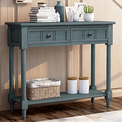 Merax Wood Sofa Table Console Table,Entryway Table Traditional Design with Two Drawers and Bottom Shelf for Living Room,Hallway,Dining Room,Navy Merax