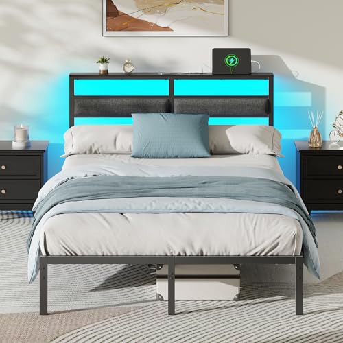OURPIC Full Size Bed Frame with Headboard, Bed Frame Full Size with LED Light and Charging Station, Black Metal Platform Bedframe and Storage Shelf, No Box Spring Needed, Noise Free OURPIC