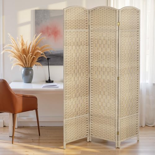 HOMCOM 3 Panel Room Divider, 6' Tall Folding Privacy Screen, Woven Freestanding Wall Partition for Home Office, Bedroom, Washed Oak HOMCOM