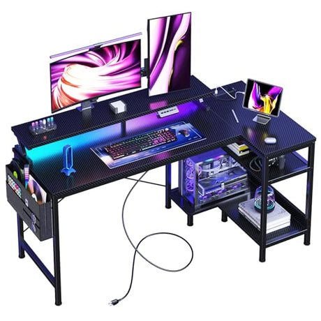 DUMOS Gaming Desk, Computer Desk with USB Charging Ports, Power Outlets, Type-C and LED Lights, Reversible L Shaped Desk with Storage Shelves & Monitor Stand for Office Gaming Room Black 48IN DUMOS