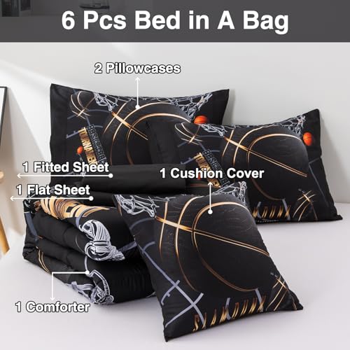 A Nice Night Basketball Court Printed Comforter Sets,with Sportsman Slam Dunk Printing 6Pcs Bedding Set in a Bag for Teen Boys,Twin A Nice Night