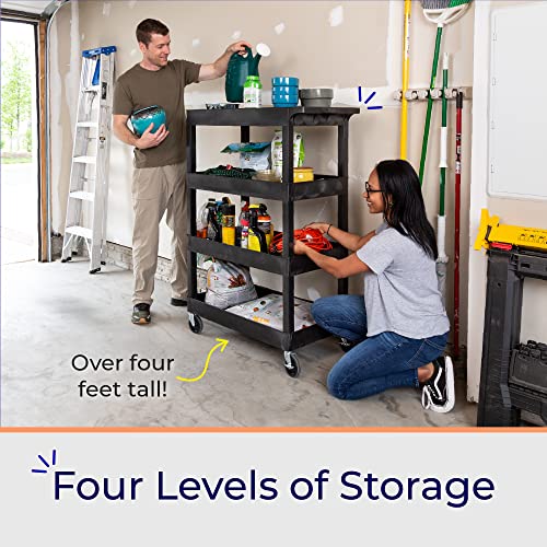 Stand Steady Tubstr 4 Shelf Utility Cart Supports Up to 300 lbs - Heavy-Duty Plastic Service Push Cart with Deep Shelves and 4" Casters, for Offices, Stand Steady