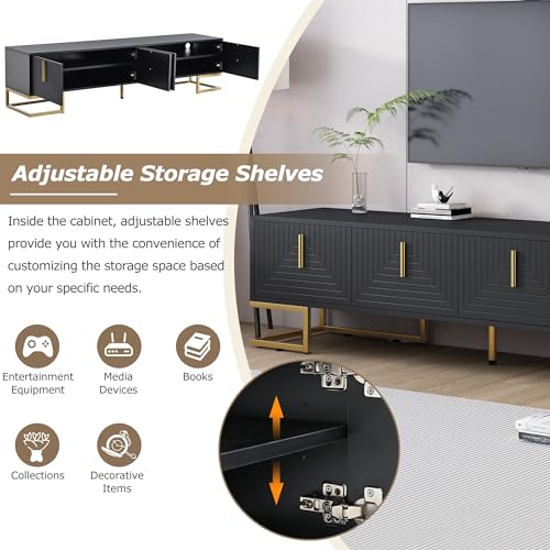 ON-TREND Modern TV Stand with Metal Legs and Gold Handles for TVs Up to 80'', Media Console Table with Cabinets and Adjustable Shelves, Luxury TV Cabinet with Geometric Lines for Living Room, Black Harper & Bright Designs
