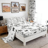 Western Sheet Set King Size Sketch Cowboy Cow and Horse Bedding Set 4Pcs Farm Animal Bed Sheet for Kids Boys Girls Adult Room Decor Black White Rustic Farmhouse Fitted + Flat Sheet,2 Pillowcase Castle Fairy