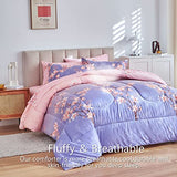 AIKASY Pink and Light Purple Queen Comforter Set with Sheets,Bed in a Bag 7-Pieces,Branches and Flowers Printing Design,Ultra Soft Down Alternative All Season Bedding Set(Queen,Blossom Stem) AIKASY