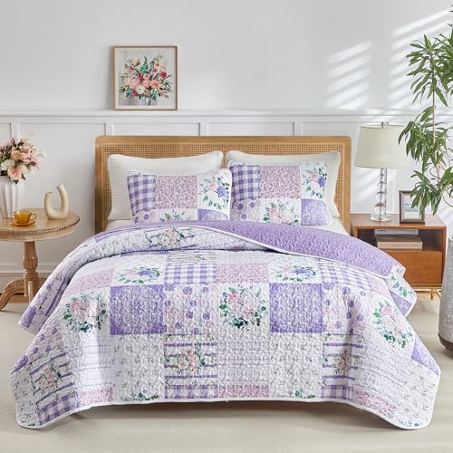 Joyreap 3 Pieces Floral Quilt Set King, Patchwork Purple n Pink Flowers Design, Smooth Soft Microfiber Quilt, Bedspread Bed Cover for All Season, 1 Quilt and 2 Pillow Shams- 102x90 inches Joyreap