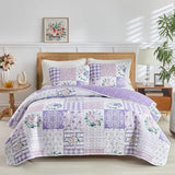 Joyreap 3 Pieces Floral Quilt Set King, Patchwork Purple n Pink Flowers Design, Smooth Soft Microfiber Quilt, Bedspread Bed Cover for All Season, 1 Quilt and 2 Pillow Shams- 102x90 inches Joyreap