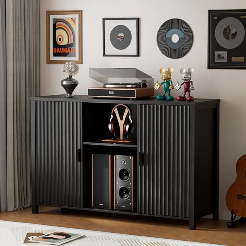 BROTTAR Large Record Player Stand with Vinyl Storage, 47" Wood Turntable Stand with Open Shelves and Fluted Doors, Vinyl Record Storage Cabinet Holds Up to 480 Albums for Music Room Living Room, Black BROTTAR