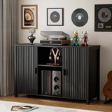 BROTTAR Large Record Player Stand with Vinyl Storage, 47" Wood Turntable Stand with Open Shelves and Fluted Doors, Vinyl Record Storage Cabinet Holds Up to 480 Albums for Music Room Living Room, Black BROTTAR