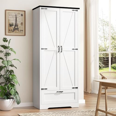 Vongrasig Kitchen Pantry Storage Cabinet with Barn Doors, Drawer and Adjustable Shelves, 4-Tier Tall Rustic Wood Cupboard Locker for Kitchen, Dining Room, Living Room, Bathroom, (White) Vongrasig