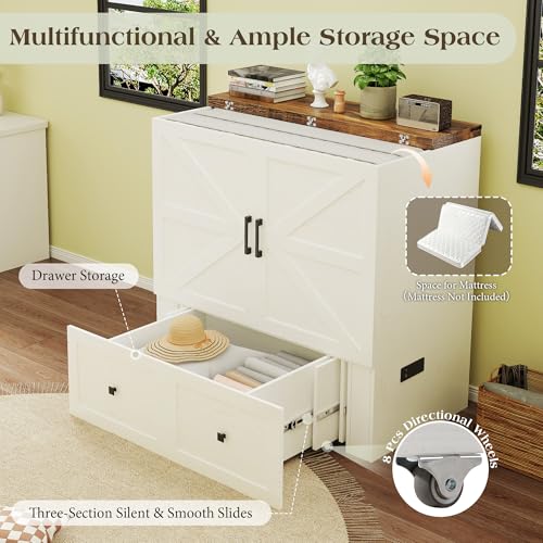 LUXOAK Twin Murphy Bed with Built-in Charging Station and Storage Drawer, Farmhouse Foldable Cabinet Bed for Guest Room, Apartment or Home Office, White LUXOAK