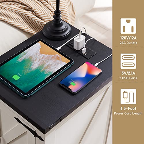 JXQTLINGMU Nightstand with Charging Station, Rectangular Farmhouse End Table with Barn Door and Adjustable Storage Shelf, 17" Deep Wood Rustic Sofa Side Table for Living Room, Bedroom, White JXQTLINGMU