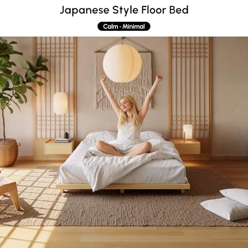 homary Japanese Style Bed Frame, 6.3" Low Profile Tatami Platform Bed Frame with Carbon Steel Slats & Wood-Finished Metal Floor Frame, No Box Spring Needed, Fits Queen Mattress homary