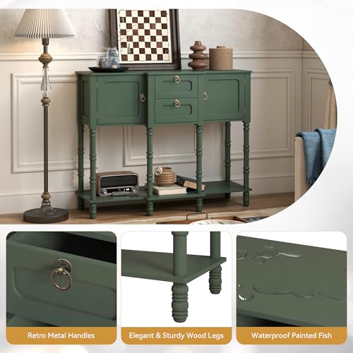 Topbele Green Entryway Table with Storge, Mid-Century Modern Console Table with 2 Drawers, Retro Narrow Long Behind Couch Sofa Table for Living Room, Foyer, Hallway Topbele