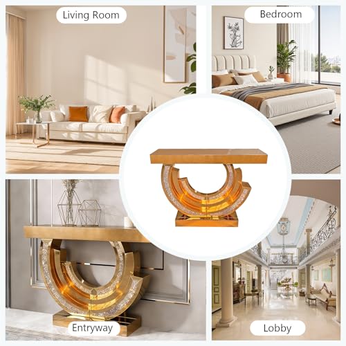 MELAABUU Mirrored Console Table, 42.9" Brown Rectangle Sofa Table with Sparkling Crystal 3C Shaped Base, Modern Luxury Mirrored Furniture with Diamond Glass Effects for Entryway Hallway Entrance MELAABUU