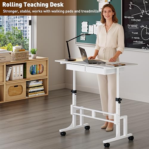 Height Adjustable Standing Desk with 2 Drawers, Small Sit Stand Up Desk with Wheels, Portable Rolling Desk for Walking Pad Treadmill, Computer Office, Adjustable 31.5"-43.3", White, Upgraded Stable Jsskeeim