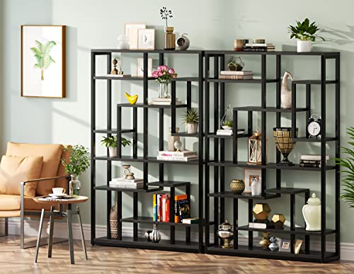 Tribesigns 47” Black 9-Tier Rustic Geometric Bookshelf – Industrial Wood and Metal Display Shelf for Living Room and Office - WoodArtSupply