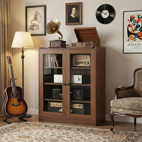 holzart Audio Stereo Cabinet with Glass Doors, 35.4" Tall Vintage AV Component Media Stand, Record Player Stand with Adjustable Shelves & Cable Management, Rustic Brown holzart