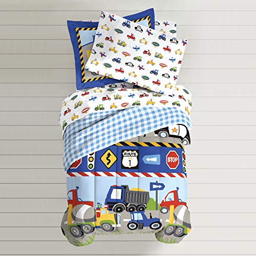 dream FACTORY Trucks Tractors Cars Boys 5-Piece Bedding Kids Construction Comforter Sheet Set, Twin Blue Red Multi dream FACTORY