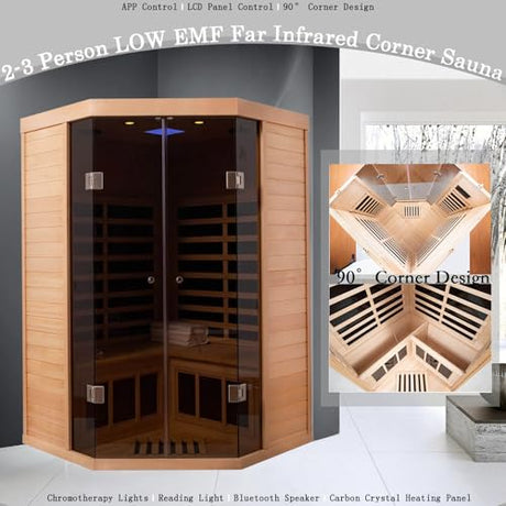 2-3 Person Low EMF FAR Infrared Sauna, Hemlock 2 Door Luxury Toughened Glass Indoor Saunas for The Home, 1520w, App & LCD Panel Control, Bluetooth Speakers, Chromotherapy Lights, Reading Lights KUNSANA