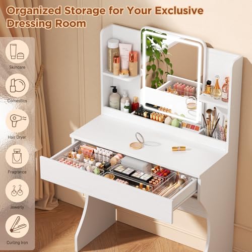 Vinabilia Small Vanity Desk with Mirror and Lights, Makeup Vanity with Storage Drawer, 2 Shelves and 3 Compartments - White Vinabilia