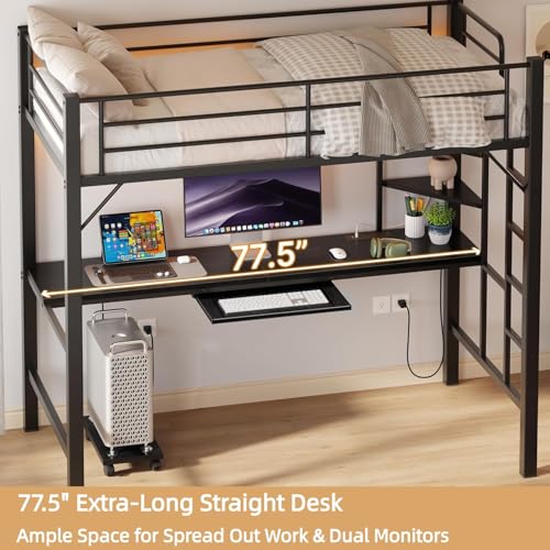 Gizoon Twin Loft Bed with Desk, Metal Loft Bed Frame with LED Lights & Charging Station, Storage Shelf, Pull-Out Keyboard, Ladder and Safety Guardrail, Space-Saving, No Box Spring Needed, Black Gizoon