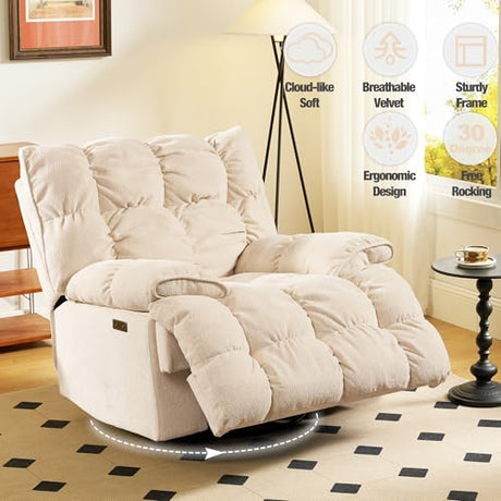 Power Glider Rocker Recliner Chair 360° Swivel Electric Lay-Flat Motion Seating Overstuffed Pillow-Top Arms Plush High Back Lumbar Support USB Charging Ports Smooth Quiet Motor (Cream White) WEALTHKING
