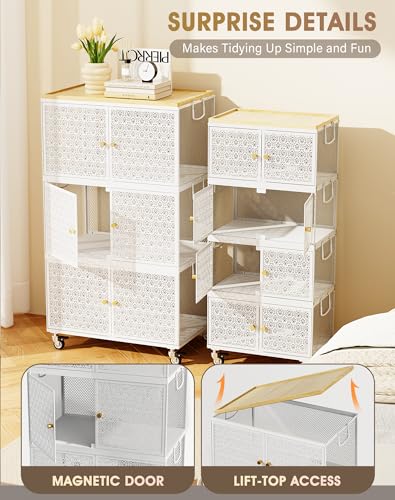 4 Tier Metal Storage Cabinet with wheels, Storage Bins with Magnetic Doors, Storage Cart for Living Room Wofufuza
