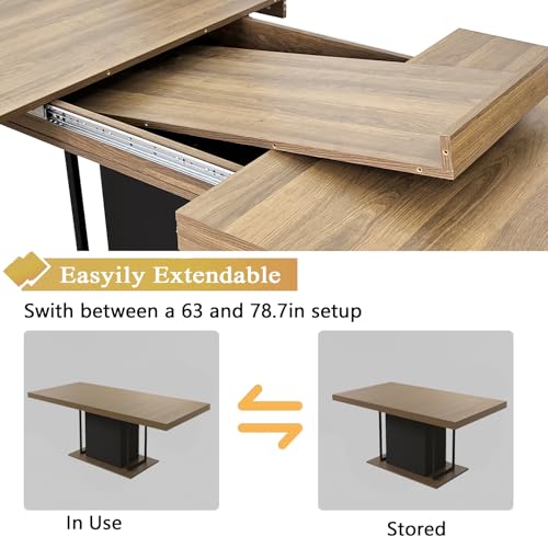 Goujxcy 78.7" Farmhouse Extendable Dining Room Table Set for 6, 7-Piece Rectangle Kitchen Dining Room Table Set with Wood Base and 6 Grey Velvet Dining Chairs, Extending Kitchen & Dining Table Set Goujxcy