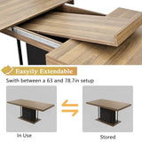 Goujxcy 78.7" Farmhouse Extendable Dining Room Table Set for 6, 7-Piece Rectangle Kitchen Dining Room Table Set with Wood Base and 6 Grey Velvet Dining Chairs, Extending Kitchen & Dining Table Set Goujxcy