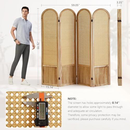 Asnefeli Room Divider 4 Panel Folding Privacy Screen for Bedroom Home Office Separation, Freestanding Wood Partition Wall, 5.6 Ft Natural Rattan Decor Asnefeli