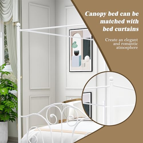 AUFANK Queen Size Four-Poster Metal Canopy Bed Frame with Headboard and Footboard Sturdy Slatted Structure No Box Spring Needed White