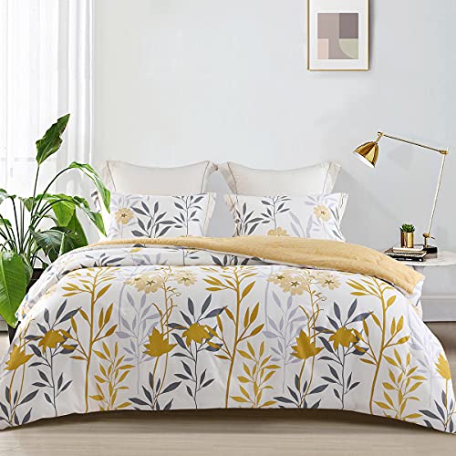 SLEEPBELLA Comforter King Size, 600 Thread Count Cotton Grey Branch with Yellow Flower & Grey Leaves Pattern Orange Reversible Comforter Set,Down Alternative Bedding Set 3Pcs(King, Yellow Botanical) SLEEPBELLA