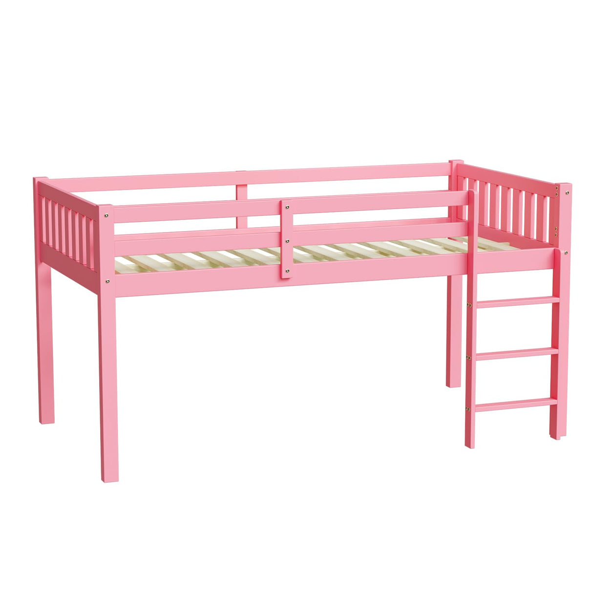 JOYMOR Low Loft Bed Twin Size with Stairs, Wooden Toddler Loft Bed for Kids, Junior，Young Teens，Pine Wood Twin Bed Frame, Space-Saving Design, No Box Spring Needed, Pink JOYMOR