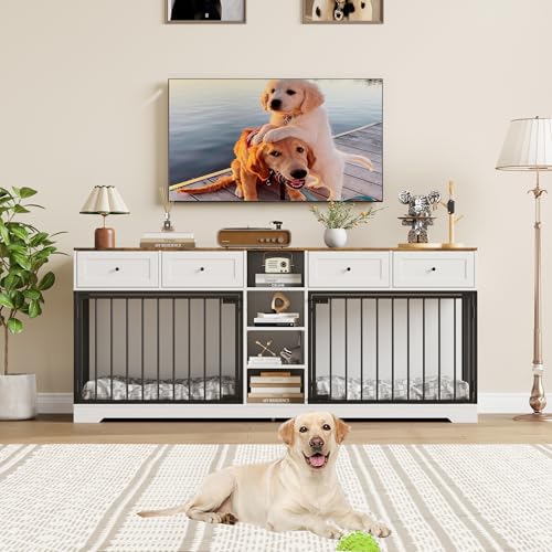 GarveeHome 82" Double Dog Crate Furniture, Large Dog Kennel Indoor for 2 Dogs, Heavy Duty Wooden Dog Crate TV Stand with 4 Drawers and Shelves, White/Brown GarveeHome