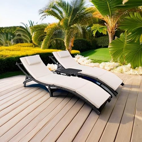 Devoko Patio Chaise Lounge Sets Outdoor Rattan Adjustable Back 3 Pieces Cushioned Patio Folding Chaise Lounge with Folding Table (Beige) Devoko