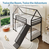 Tufons Twin-Over-Twin Low Bunk Bed with Convertible Slide, Full-Length Guardrail with Montessori Floor Bunk Bed Frame, Heavy Duty Metal Bed with House Shape and Roof for Boys Girls, Black Tufons
