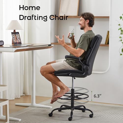 Drafting Chair Tall Office Chair with Padded Flip-up Armrests Executive Ergonomic Computer Standing Desk Chair with Comfortable Leather Backrest and Adjustable Footrest Ring (Black) amseatec